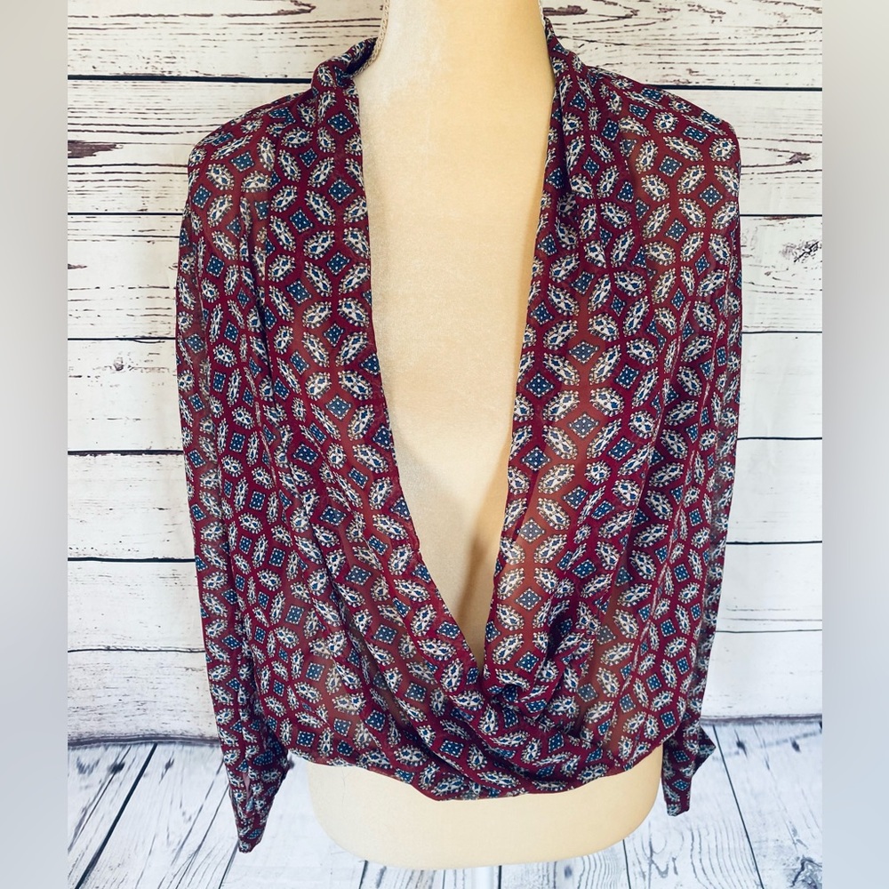 Women’s Small Blouse Sophie Rue Wrap Look Sheer High Low Long Sleeves Silky